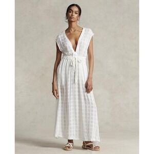 Polo Ralph Lauren Women XXL White Plaid Rayon V-Neck Tie Front Maxi Dress Luxury
